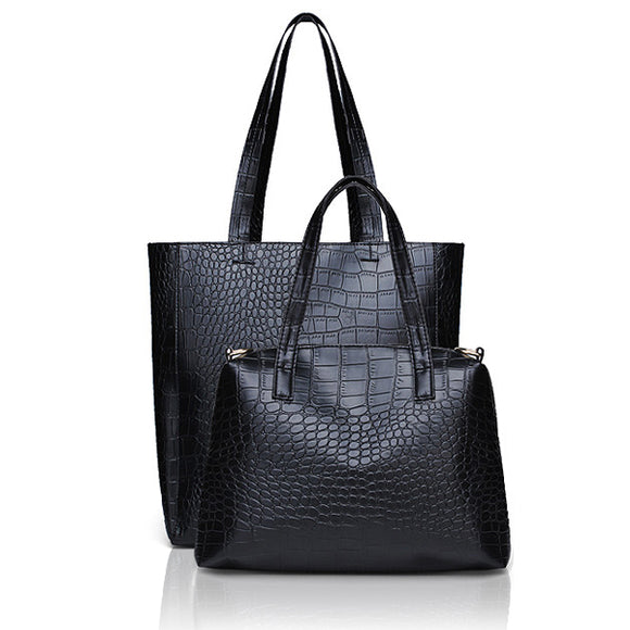 Women Causal 2 Black Crocodile PU Leather Tote Bags 2 Sets