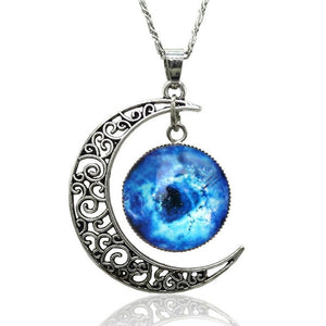 Silver Plated Moon Galactic Universe Glass Cabochon Pendant Necklace