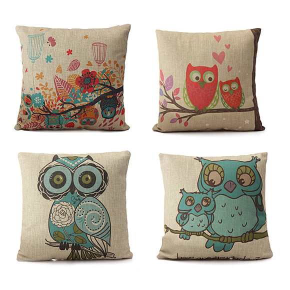 Vintage Linen Cotton Owl Cushion Cover Sofa Throw Pillow Case