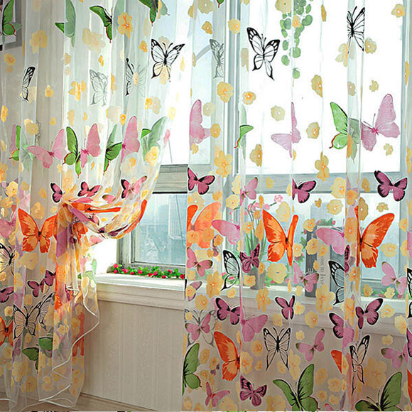 Butterfly Printed Sheer Window Curtains Tulle Door Window Screen