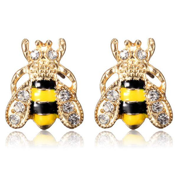 Lovely Gold Plated Crystal Insect Small Bee Stud Earrings For Women