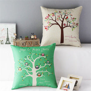 Linen Owls Bird Tree Throw Pillow Case Sofa Cushion Cover