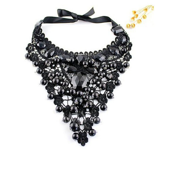 Black Gem Stone Lace Ribbon Round Beads Ball Pendant Choker Necklace