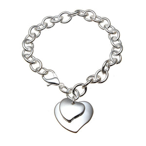 925 Silver Plated Double Hearts Charm Thick Metal Chain Bracelet