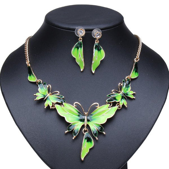 Gold Plated Oil Drop Butterfly Crystal Necklace Earrings Jewelry Set