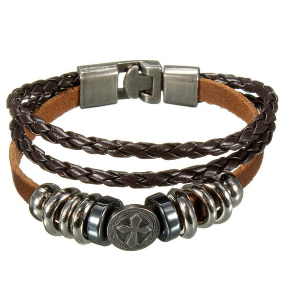 Punk Multilayer Cross Braided Charm Leather Wrap Bracelet Unisex