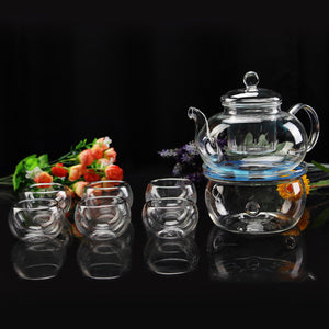 600ml Heat Resistant Glass Flower Tea Pot Set  6 Teacups Tea Warmer