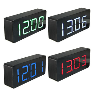 Acrylic Mirror Wooden Digital LED Alarm Clock Time Calendar Thermometer