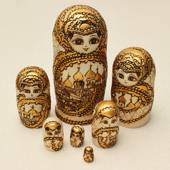 7Pcs Matryoshka Russian Doll Wooden Nesting Toys Engraved Gift Model