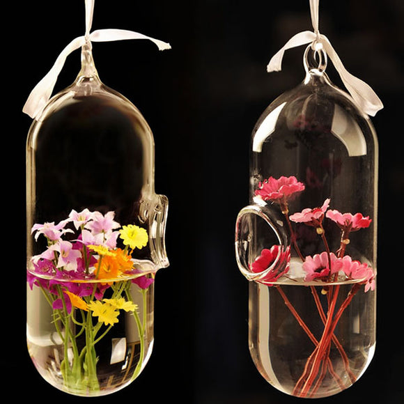 Hydroponic Plants Flower Pill Shape Hanging Glass Vase Home Decor