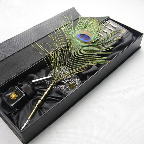 LS806-G Peacock Feather Pen Quill Dip Pen Gift Set