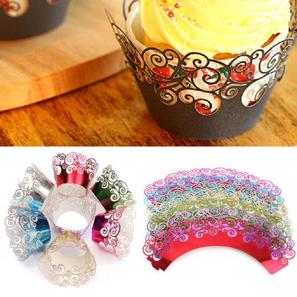 12pcs 7 Colors Filigree Cup Cake Wrappers Wrap Case Wedding Birthday Party Supplies