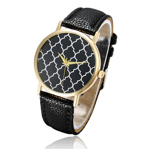 Fashion Women Grid Pattern No Number Leather Quartz Watch