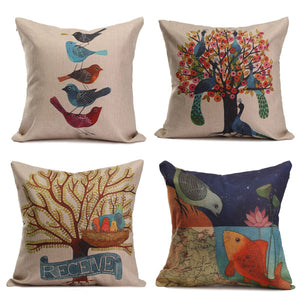 Linen Cotton Bird Tree Throw Pillow Case Cushion Cover Sofa Decor