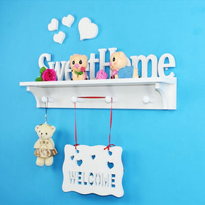 Storage Holder Sweet Home White Partition Wall Shelf Wooden Coat Rack Hooks