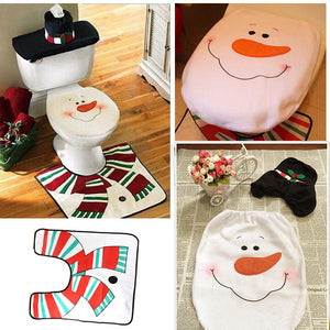 3pcs Christmas Snowman Toilet Seat Cover Set Bathroom Mat Closestool Cover Rug