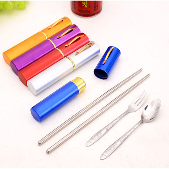 3 In 1 Stainless Steel Portable Travel Chopsticks Spoon Fork Pen Shape Cutlery Set