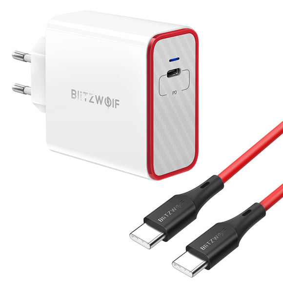 BlitzWolf BW-PL4 45W PD Type C USB Charger EU Adapter + BW-TC17 3A USB PD Type-C to Type-C Charging Data Cable 3ft/0.9m