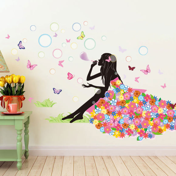 Girl Blow Bubble Kids Room Decor DIY Wall Stickers Flowers Fairy Series Art Decal Mural