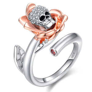 Gothic Silver Skull Rose Gold Micro Inlay Zirconia Flower Adjustable Women's Finger Ring