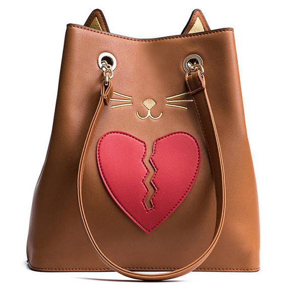 Women PU Leather Cat Shape Handbag Heartbroken Kitty Shoulder Bag