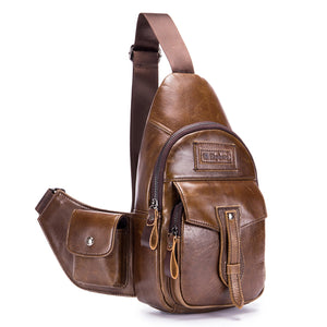 Ekphero Brand Men Leather Multi-pockets Sling Bag Chest Pack with Side Object Holder