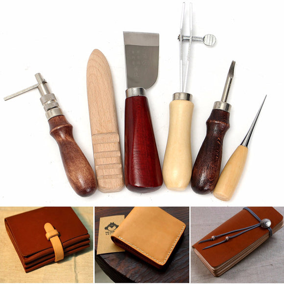 6pcs Wood Handle Leather Craft Tool Kit Leather Hand Sewing Tool Punch Cutter DIY Set