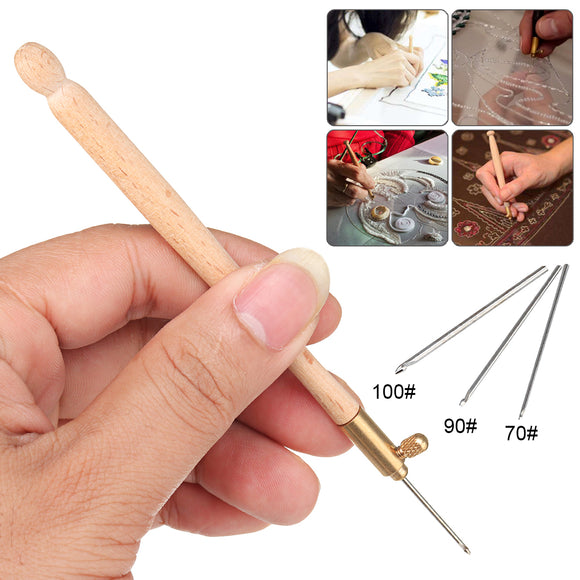 4 Pcs Needle Set 70 90-120 Wood Handle-Three Needles Tambour Embroidery Crochet Hook Toolkit