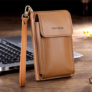 Women Genuine Leather Multi-function Phone Purse 7 Card Slot Oil Wax Solid Coin Bag