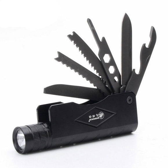 Multifunctional Black 3-Mode Flashlight Saw Bottle Opener Ruler Knife Tool Set