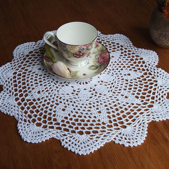 37cm Round White Pure Cotton Yarn Hand Crochet Lace Doily Placemat Tablecloth Decor