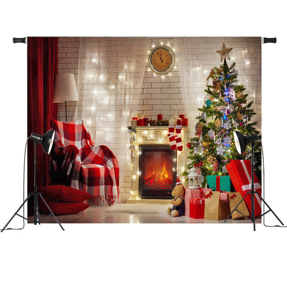 7x5FT Red Christmas Tree Gift Chair Fireplace Photography Backdrop Studio Prop Background