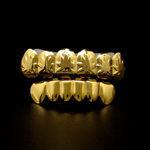 Gold Plated Teeth Maple Leaf Top & Bottom Mouth Grillz Caps