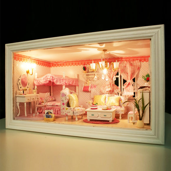 Hoomeda 13818 Pink Dream DIY Dollhouse With Music Light Cover Doll House Miniature Gift Decor Toy