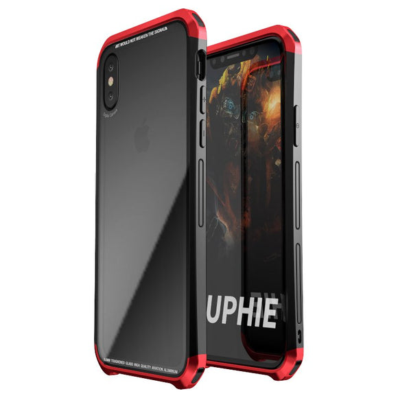 Luphie Anti Knock Metal Bumper+9H Clear Tempered Glass Shell Case For iPhone X