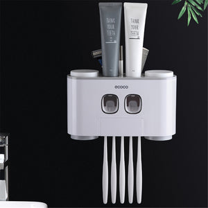 Automatic Toothpaste Squeezer Dispenser 5 Toothbrush Holder Wall Mount Stand Set Bathroom