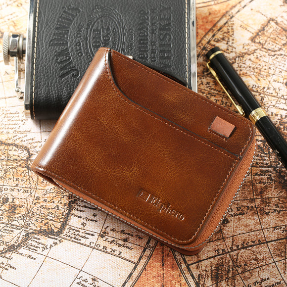 Ekphero Men RFID 14 Card Slots Vintage Oil Leather Short Wallet Coin Bag