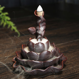 Ceramic Lotus Pond Waterfall Smoke Backflow Cone Censer Incense Burner Holder + 10 Cones