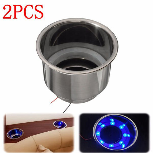 2PCS Blue 8LEDs Stainless Steel Cup Drink Holder Marine Boat Car Truck Camper