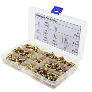 140pcs Metric Brass Zerk Fitting M6/M8/M10 Grease Nipple Fitting Kit Pipes Fittings