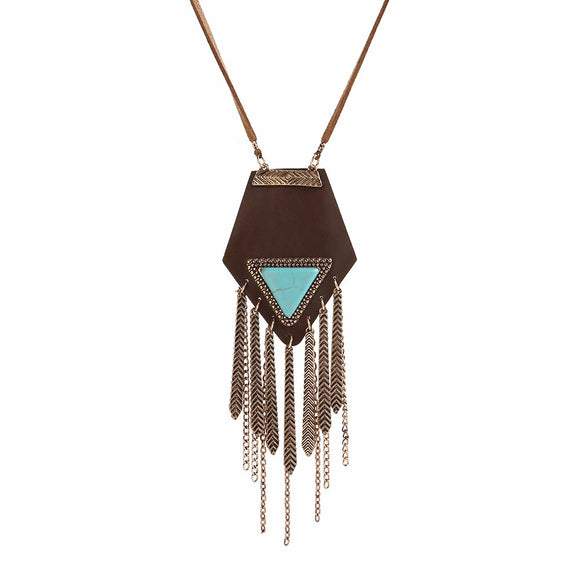 Tassel Leather Necklace Long Rope Turquoise Sweater Necklace