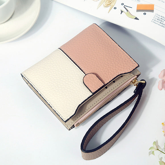 Women Faux Leather Stitching Color Patchwork Short Wallet Card Holder Coin Bag