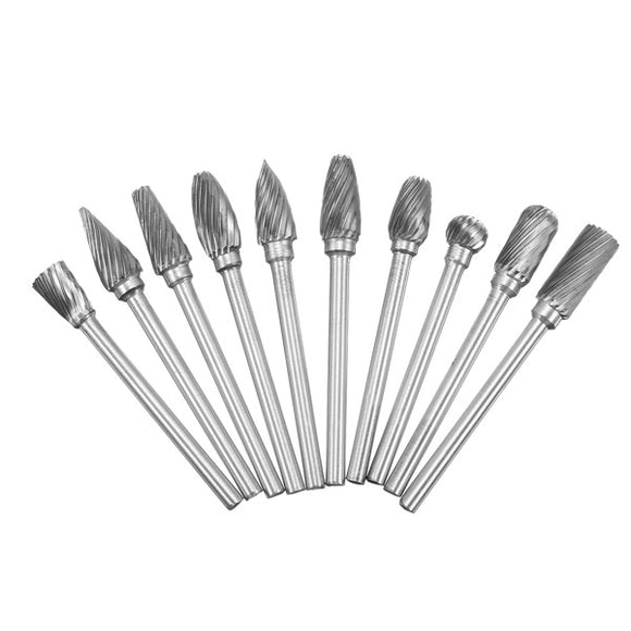 10pcs 3mm Shank Tungsten Steel Carbide Burr Set Single Line 6mm Head Rotary Drill Bit