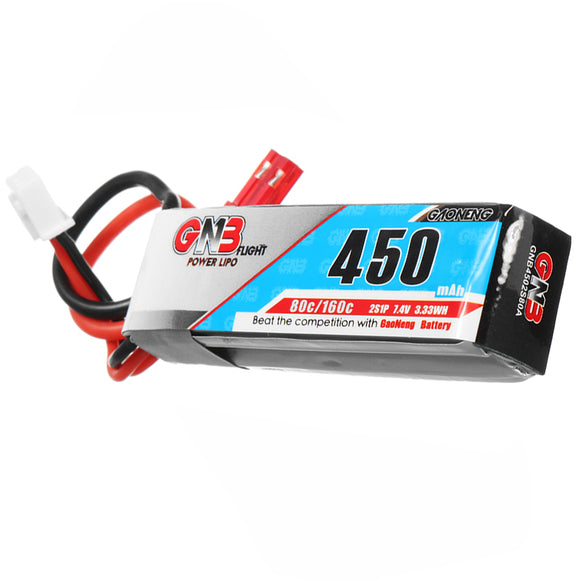 Gaoneng GNB 7.4V 450mAh 2S 80C/160C Lipo Battery JST Plug