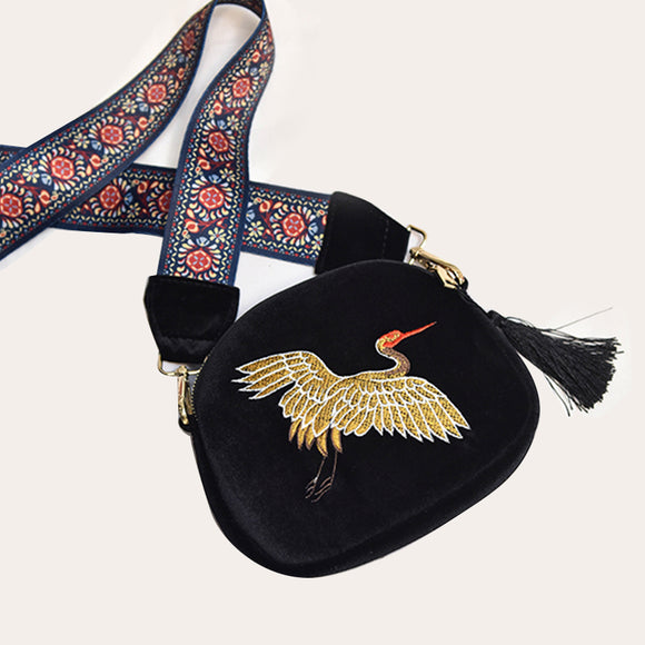 Women Vintage Embroidery Golden Silk Crane Mini Bag Shell Bag Shoulder Bag Crossbody Bag