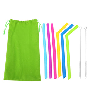 6Pcs Reusable Silicone Straws 2 Cleaning Brushes With Bag Drinking Straw Set