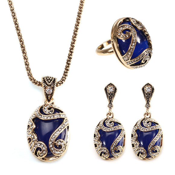 JASSY Vintage Gold Earrings Natural Blue Stone Necklace Crystal Ring Gift For Women