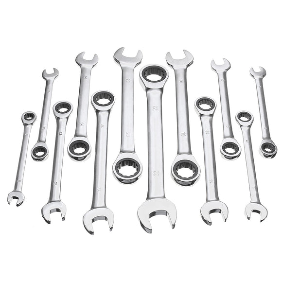 12Pcs 45# Steel CRV Reversible Combination Ratcheting Wrench Spanner Set