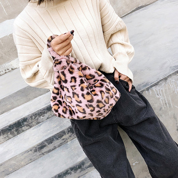 Women Leisure Leopard Print Fuzzy Handbag Plush Bag