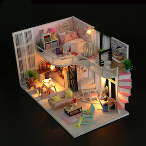 Hoomeda M035 DIY Doll House Anna's Pink Melody With Cover Music Movement 28cm Gift Decor Toys